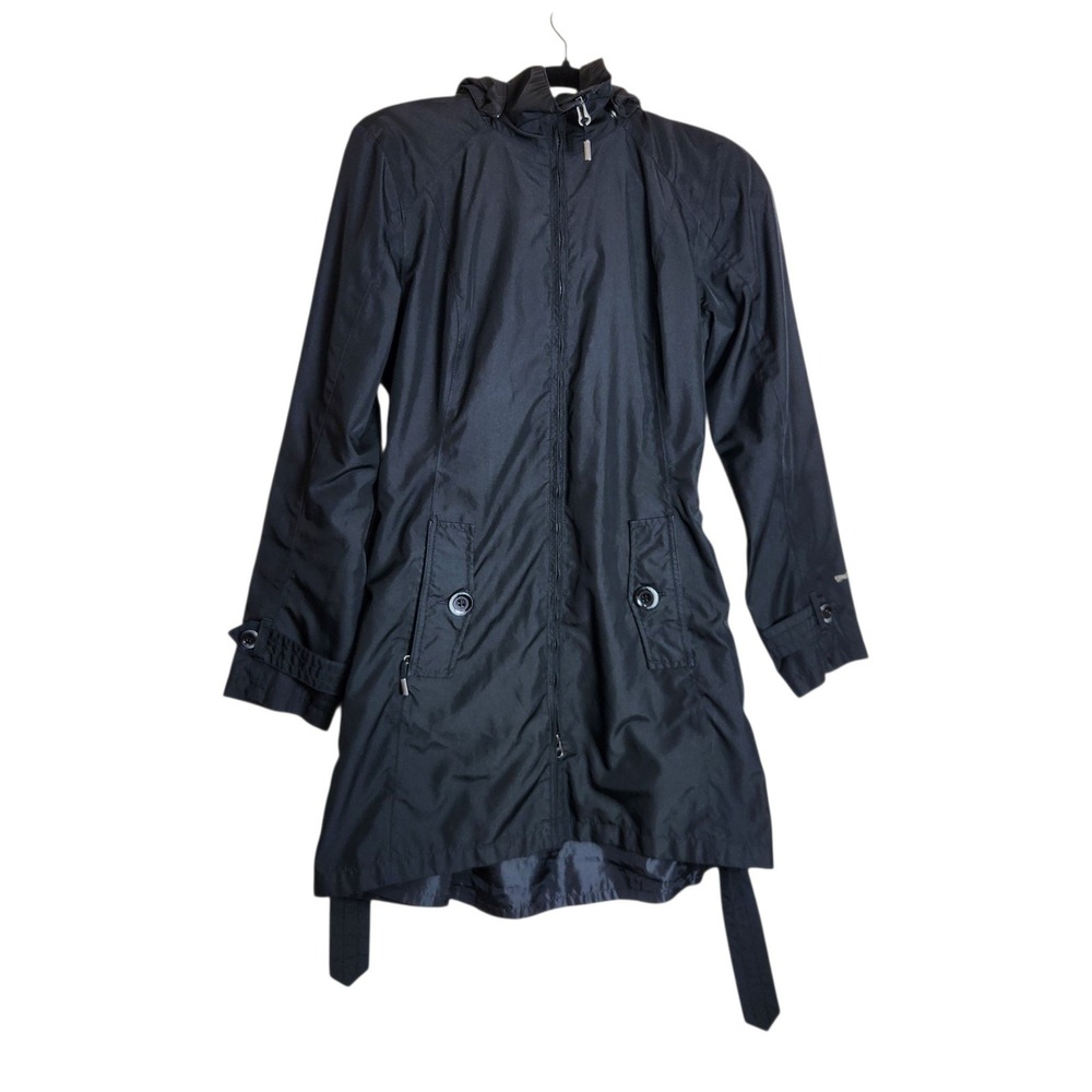 Eddie Bauer Womens Black Hooded Belted Trench Coat Rain Jacket Small